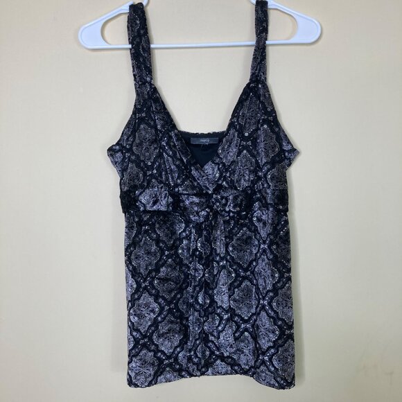 Apt. 9 Velvet Tank Top Large Y2K Black Silver Brocade Bow Babydoll Elegant - Picture 1 of 10